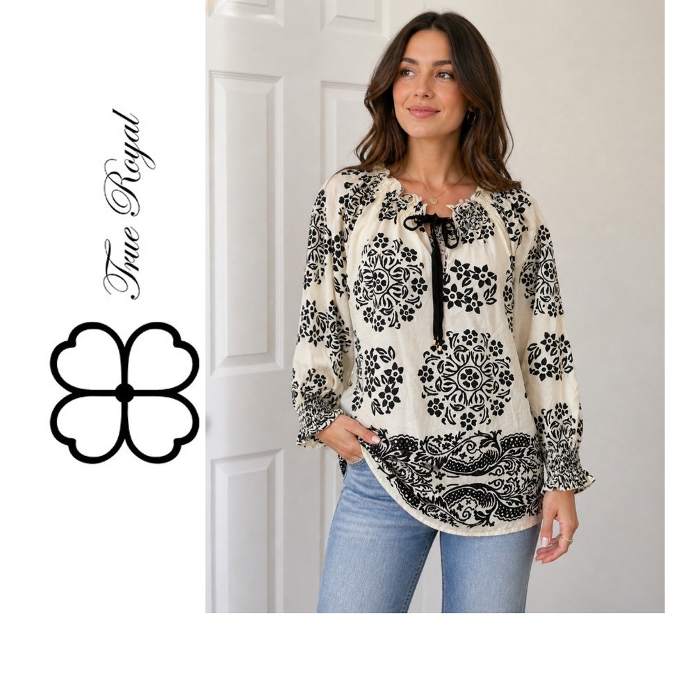 True Royal Italy Cotton Peasant Blouse Black White Medallion Print Whimsigoth